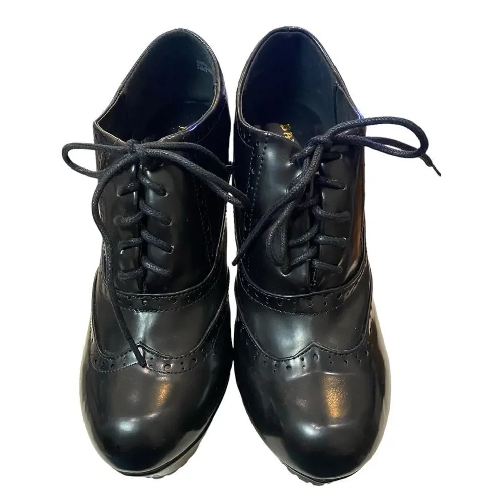 BAMBOO Booth Black Brogue Platform Wedge Oxfords 38.5  8.5